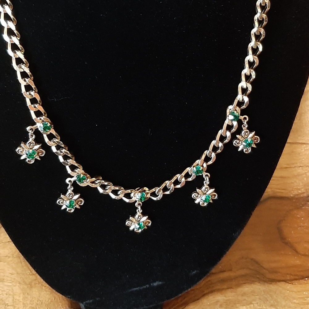 Vintage Gold Tone With Green Rhinestones Choker Necklace